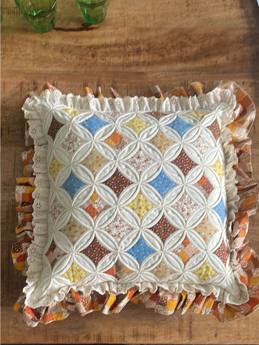 Quilted Cathedral Window Patchwork Ruffle Throw Pillow Vintage Country Rustic